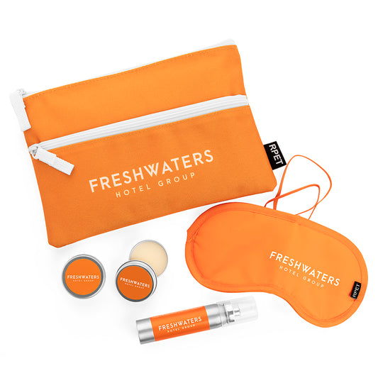 Eco-Friendly 5pc Travel Essentials Set branded travel essential in printed printed with your company logo