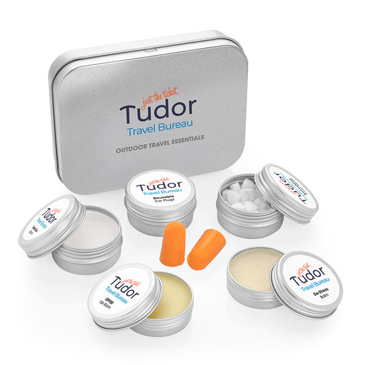 5pc Outdoor Travel Essentials Set in a Tin branded travel essential in silver printed with your company logo