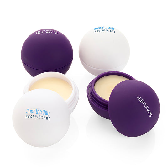Purple Soft Touch Ball Shaped Lip Balm branded beauty item in purple, white printed with your company logo