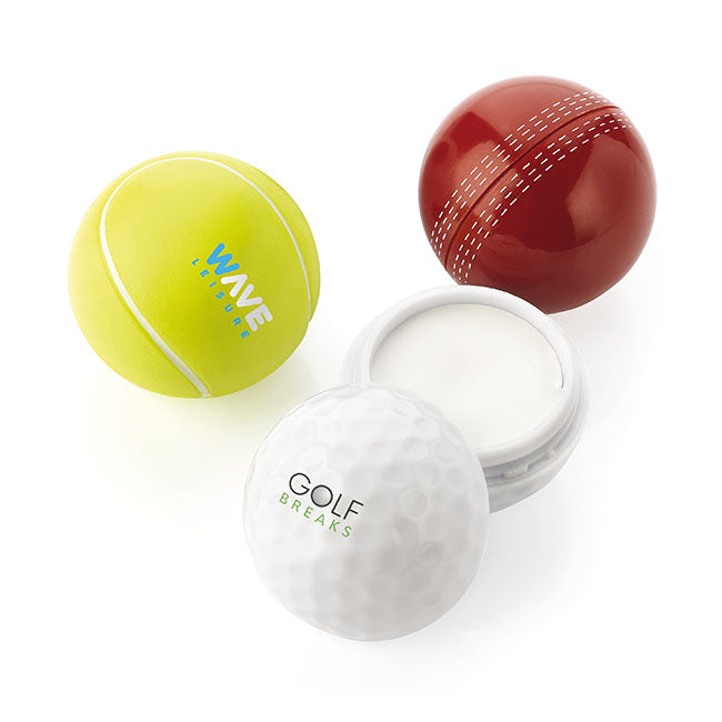 Sports Ball Shaped Sun Block branded personal care item in red, white, yellow printed with your company logo