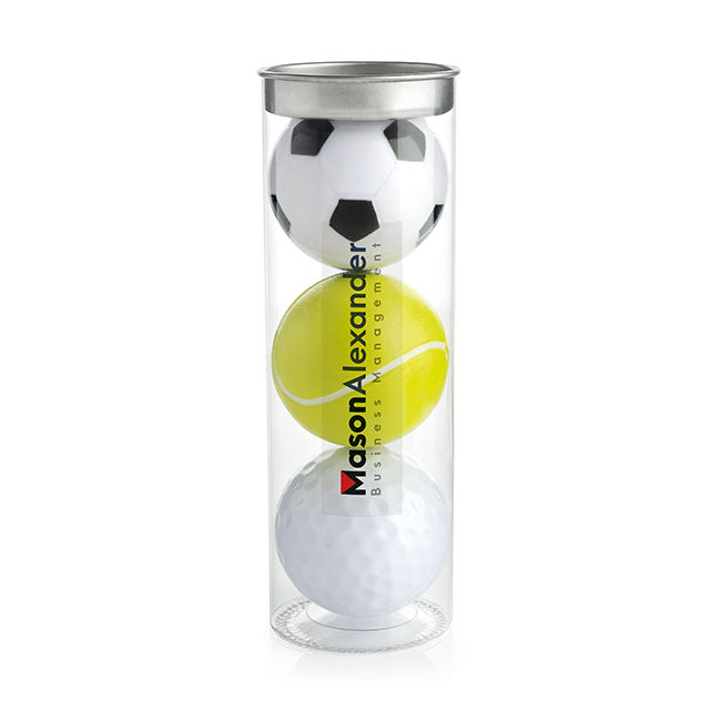 Set of Sports Ball Lip Balms in a Tube branded beauty item in black, clear, white, yellow printed with your company logo