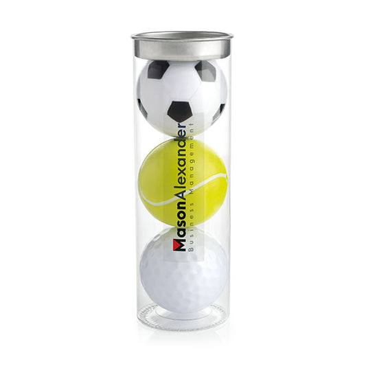 Set of Sports Ball Lip Balms in a Tube branded beauty item in black, clear, white, yellow printed with your company logo