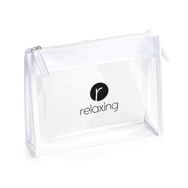 Clear PVC Bag with White trim and Zipper branded bag in clear printed with your company logo