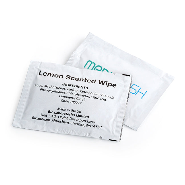Single Wet Wipe Sachet Plain Stock, 60 x 80mm branded hygiene essential in white printed with your company logo