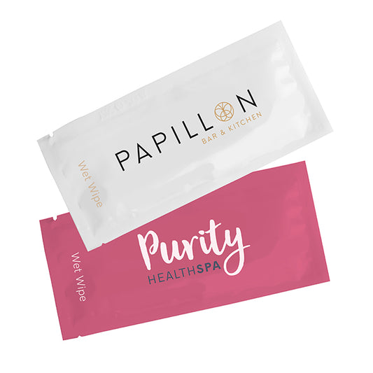 Single Biodegradable Wet Wipe in a Recyclable Packaging, 1-colour branded hygiene essential in white printed with your