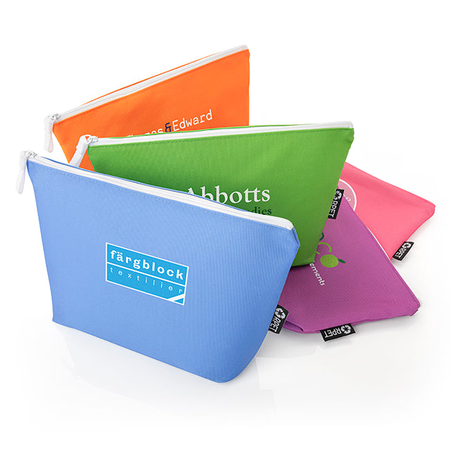 Toiletry Bag from Recycled Bottles branded personal care item in black, blue, brown, green, orange, pink, purple, red