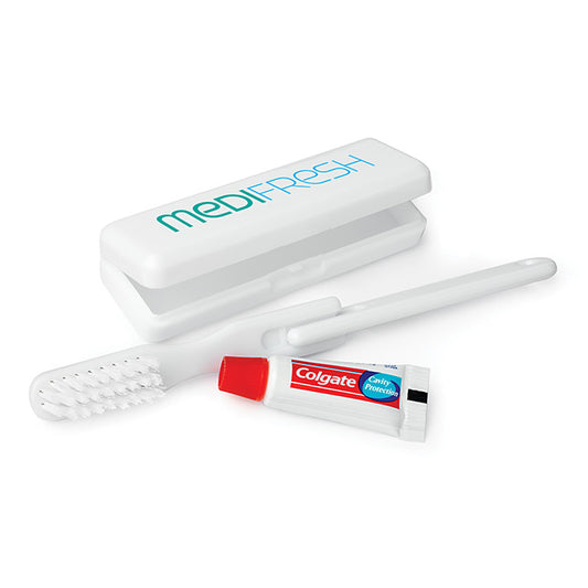 White Travel Toothbrush Set with Colgate Toothpaste branded personal care item in white printed with your company logo