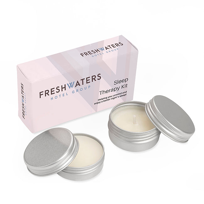 2 Piece Relaxing/Sleep Easy Therapy Set branded wellbeing gift in white/silver printed with your company logo