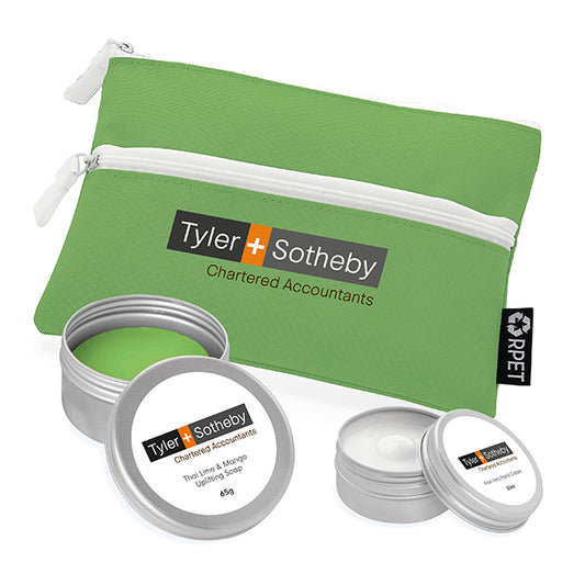 Thai Lime & Mango Hand Care Set in a Printed rPET Bag branded home accessory in green printed with your company logo