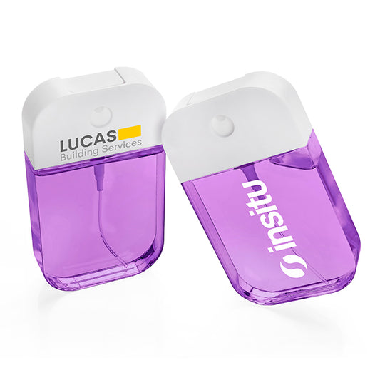Refillable Hand Sanitiser Spray in a Purple Container (50ml) branded hygiene essential in purple printed with your company