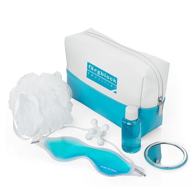 Wellbeing / Spa Set in a Blue and White Bag branded wellbeing gift in blue/white printed with your company logo