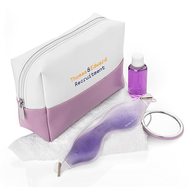Wellbeing / Spa Set in a Purple and White Bag branded wellbeing gift in purple/white printed with your company logo