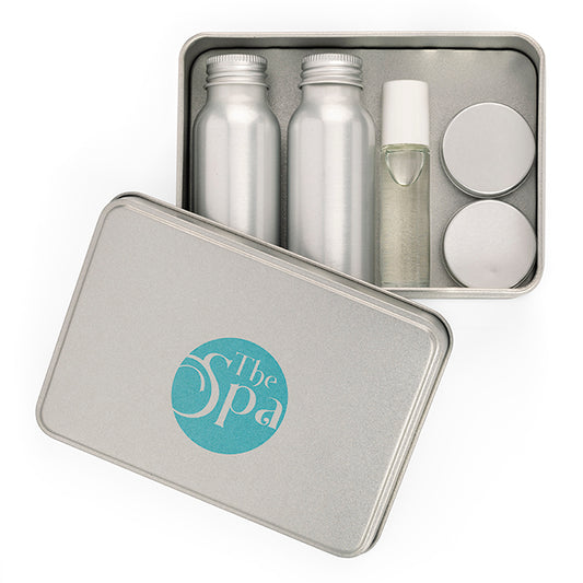 Personal Wellbeing / Spa Set in a Tin branded wellbeing gift in silver printed with your company logo