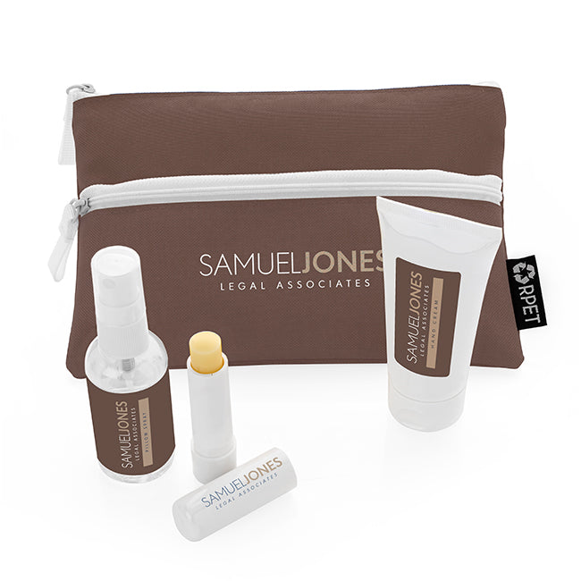 4 Piece Wellbeing Set in an Zippered Bag branded personal care item in black, blue, brown, green, orange, pink, purple, red