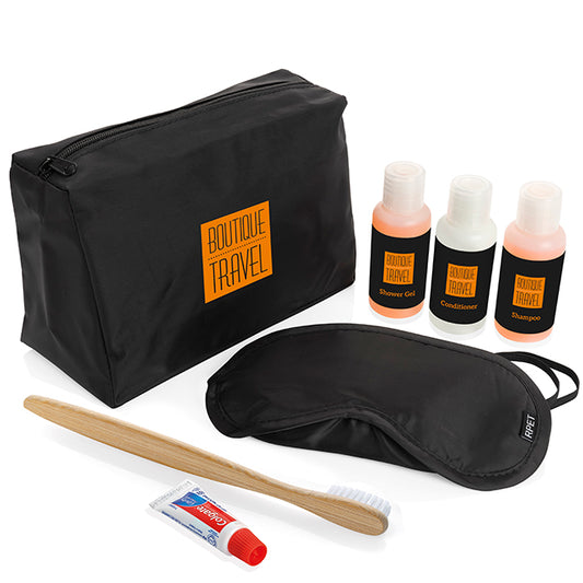 6 Piece Mango & Peach Travel Set branded travel essential in black printed with your company logo