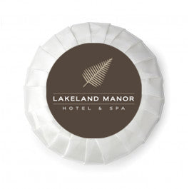 Pleat Wrapped Travel Soap (15g) branded personal care item in white printed with your company logo