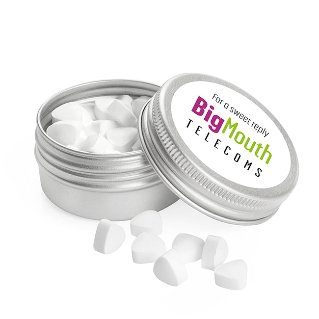 Mints in a Tin branded sweet treat in silver/white printed with your company logo