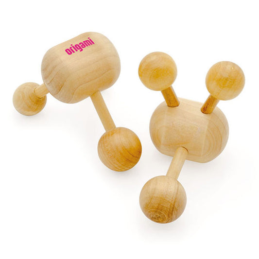 Wooden Tripod Massager branded wellbeing gift in brown printed with your company logo