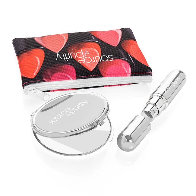 Silver look Hand Handbag Set, 3pc branded personal care item in white, silver printed with your company logo