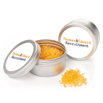 Fragranced Bath Salts in a Tin (100g) branded wellbeing gift in blue, green, orange, pink, purple, yellow printed with your