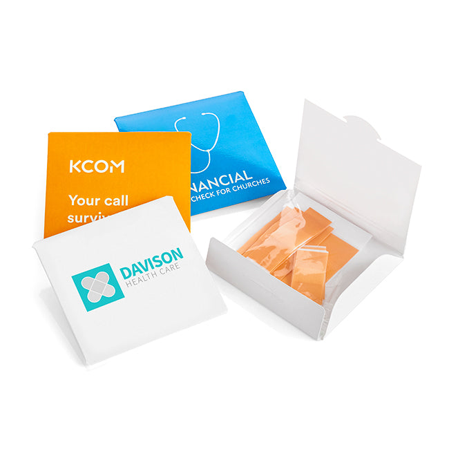 10 Plain Plasters in a Printed Sleeve branded hygiene essential in white printed with your company logo