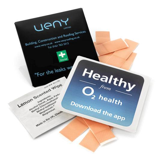 10 Plain Plasters and a Single Wet Wipe in a Printed Sleeve branded hygiene essential in white printed with your company logo