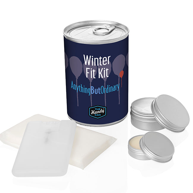 Winter Survival Wellbeing Handy Can Kit branded personal care item in silver printed with your company logo
