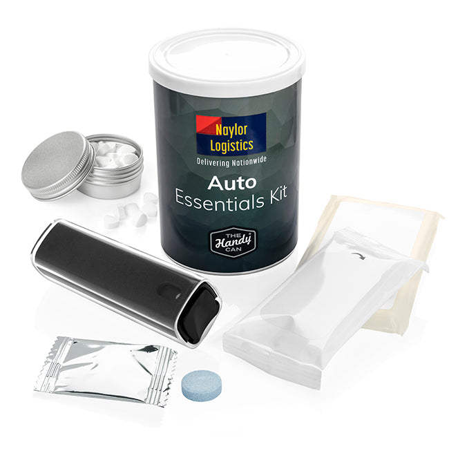 Deluxe Auto Essentials Handy Can Kit branded personal care item in silver printed with your company logo