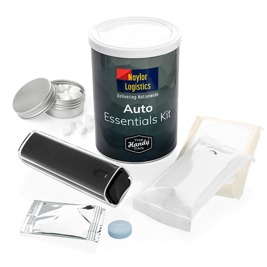 Deluxe Auto Essentials Handy Can Kit branded personal care item in silver printed with your company logo