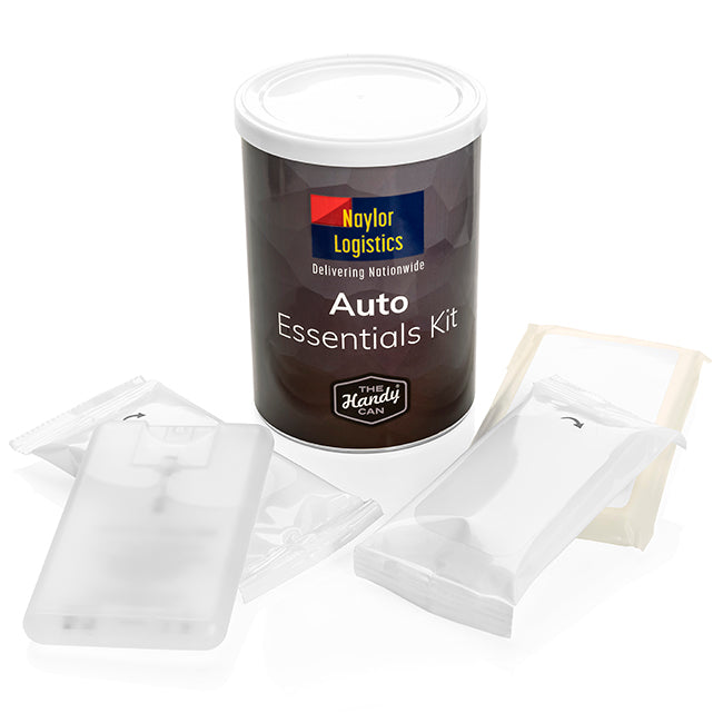 Auto Essentials Handy Can Kit branded personal care item in silver printed with your company logo