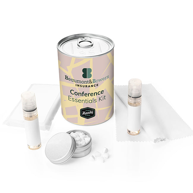 Conference Essentials Handy Can Kit branded personal care item in silver printed with your company logo