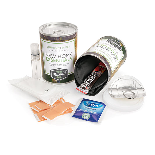 New Home Essentials Handy Can Kit branded personal care item in silver printed with your company logo