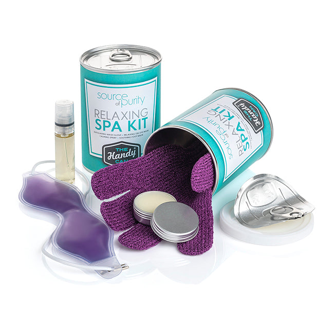 Relaxing Spa Handy Can Kit branded personal care item in silver printed with your company logo