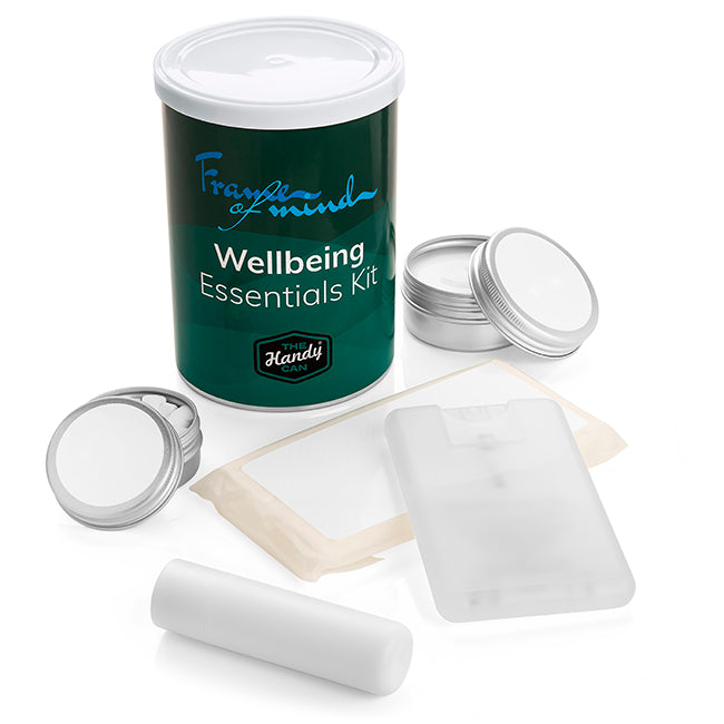 Wellbeing Handy Can Kit branded personal care item in silver printed with your company logo