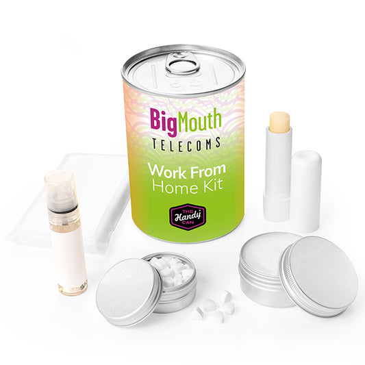 Work From Home Handy Can Kit branded personal care item in silver printed with your company logo