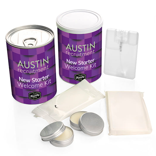 NEW Starter Welcome Handy Can Kit branded personal care item in silver printed with your company logo