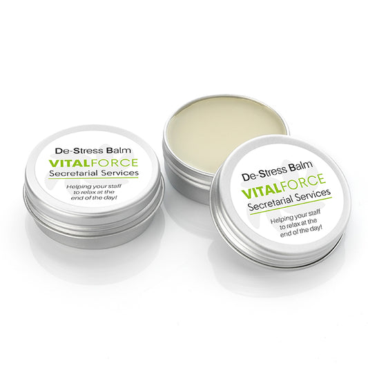 De-Stress/Unwind Balm in an Aluminium Jar (10ml) branded wellbeing gift in silver/white printed with your company logo
