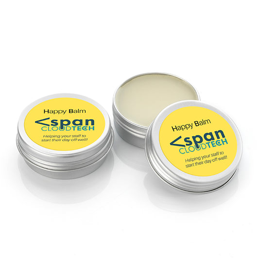 Happy/Invigorating Balm in an Aluminium Jar (10ml) branded personal care item in silver/white printed with your company logo