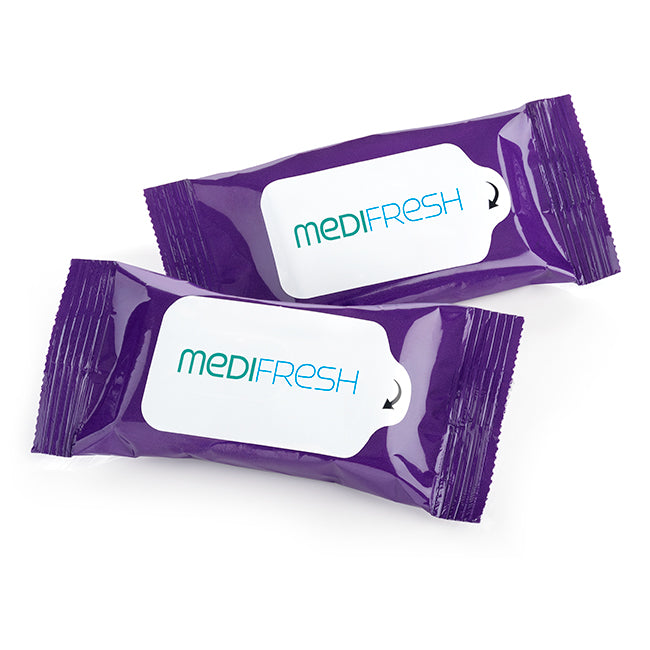 10 Wet Wipes in a Pocket Size Resealable Pack branded hygiene essential in purple printed with your company logo