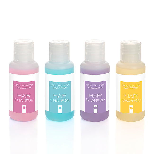 Shampoo in a PCR Bottle (50ml) branded personal care item in blue, orange, pink, purple printed with your company logo