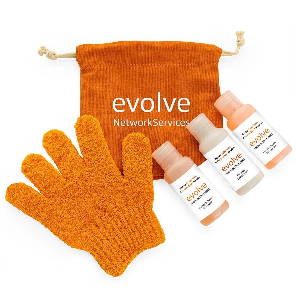 Mango & Peach Toiletry Set in a Hemp Bag branded personal care item in orange printed with your company logo