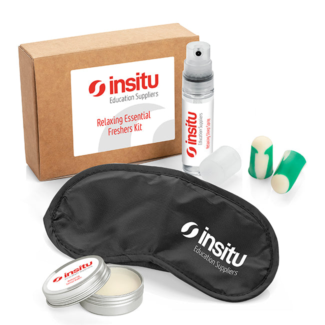 4pc Relaxing Essentials Freshers Kit in a Box branded wellbeing gift in brown/silver printed with your company logo