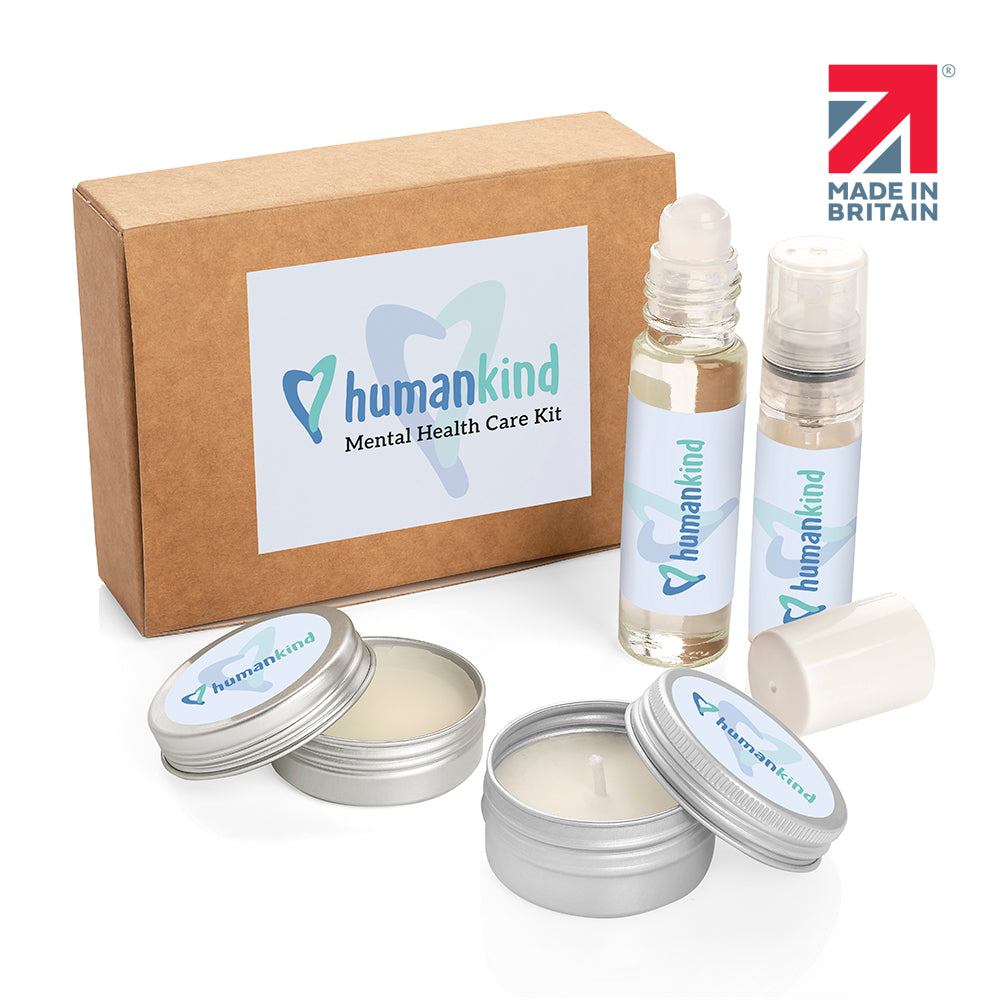 4pc Relaxing Essentials Kit in a Box branded wellbeing gift in brown/silver printed with your company logo