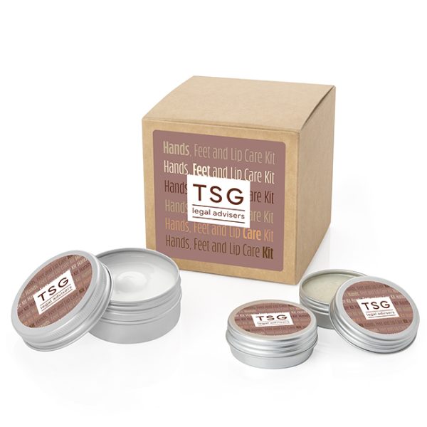 Hands, Feet and Lip Care Kit in a Box branded personal care item in brown/silver printed with your company logo