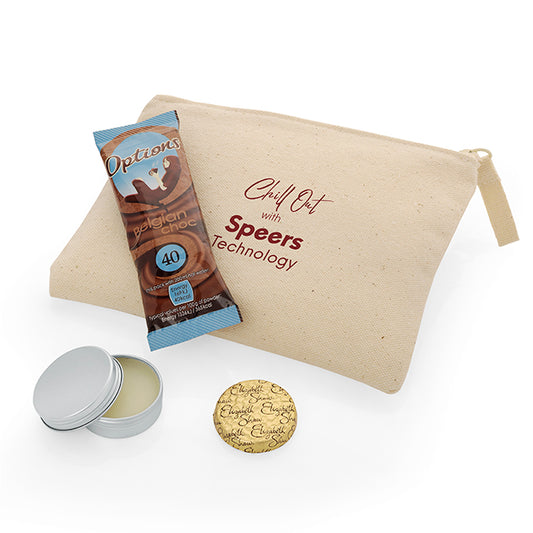 Chill Out Kit in a Cotton Pouch branded wellbeing gift in beige printed with your company logo