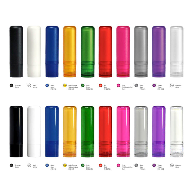 Lip Balm Stick White Polished Container & Cap, 4.6g branded beauty item in black, blue, gold, green, grey, orange, pink