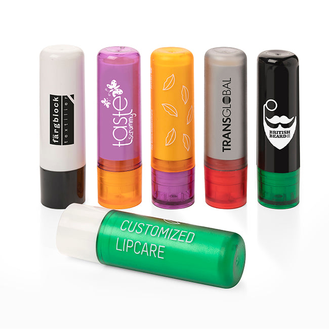 Lip Balm Stick Yellow Frosted Container & Cap, 4.6g branded beauty item in black, blue, gold, green, grey, orange, pink
