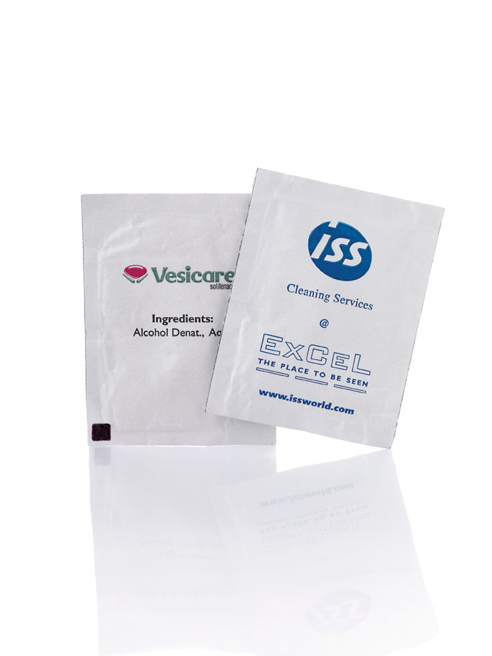 Single Antibac Wet Wipe Printed 1-colour, 60 x 80mm branded hygiene essential in white printed with your company logo
