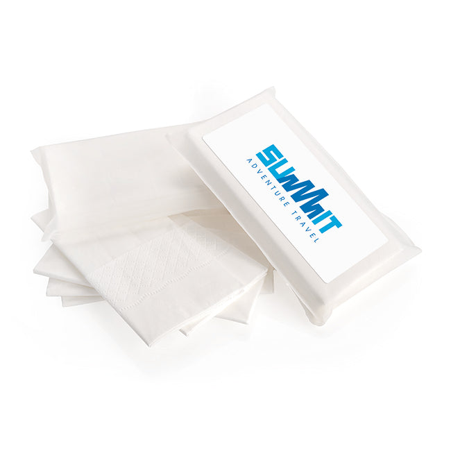 5 White 3-Ply Tissues in a Biodegradable Pack branded hygiene essential in white printed with your company logo