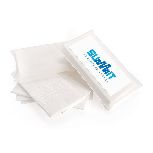 5 White 3-Ply Tissues in a Biodegradable Pack branded hygiene essential in white printed with your company logo